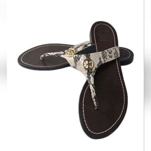 Tory Burch Cameron Leather Thong Sandals Women's Size 6.5 M Python Print Brown
